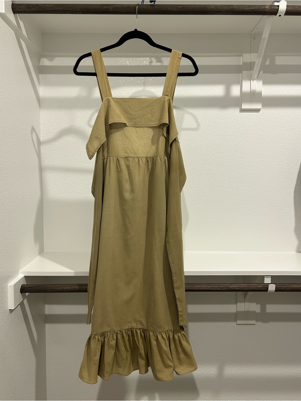 100% Linen Ruffle-Hem Midi Dress in Olive